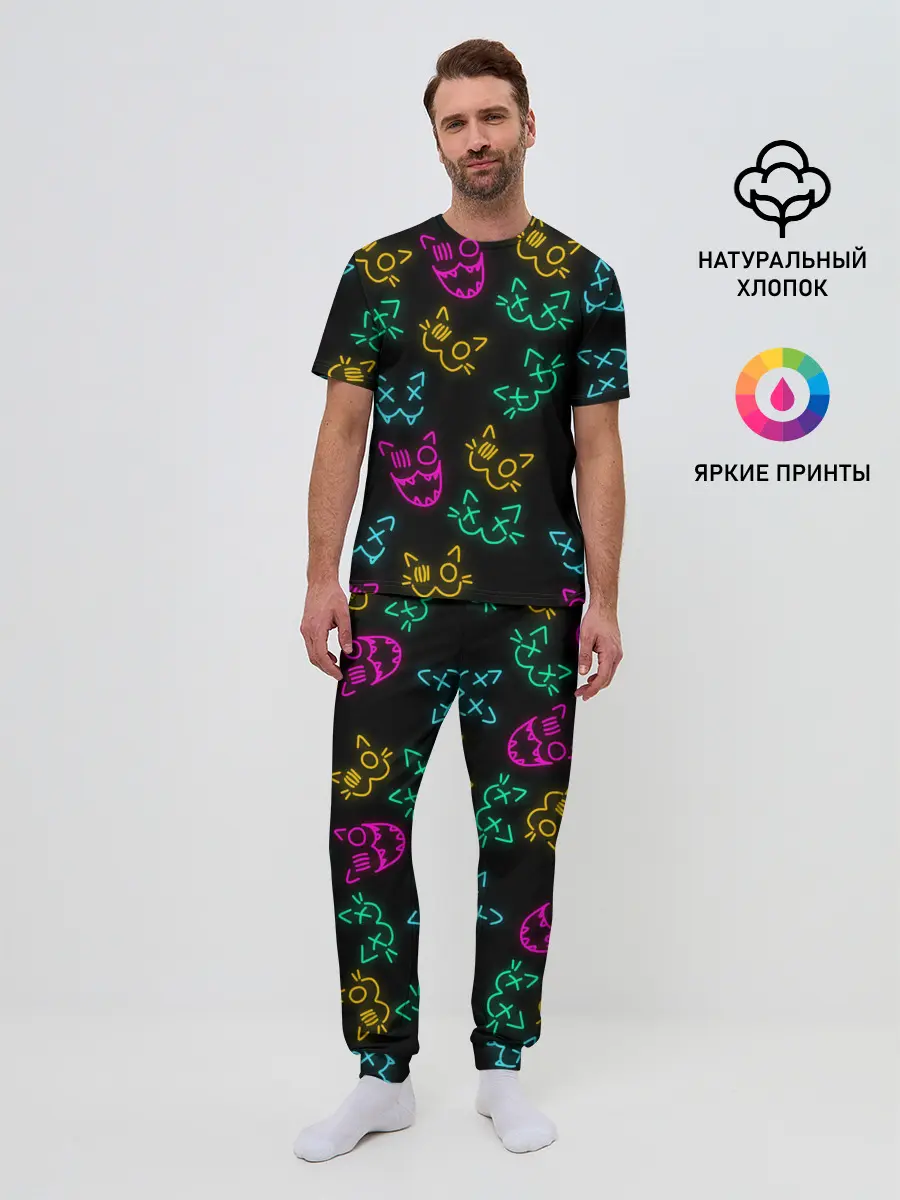 Мужская пижама с брюками / НЕОНОВЫЕ КОТИКИ / NEON FACES CATS