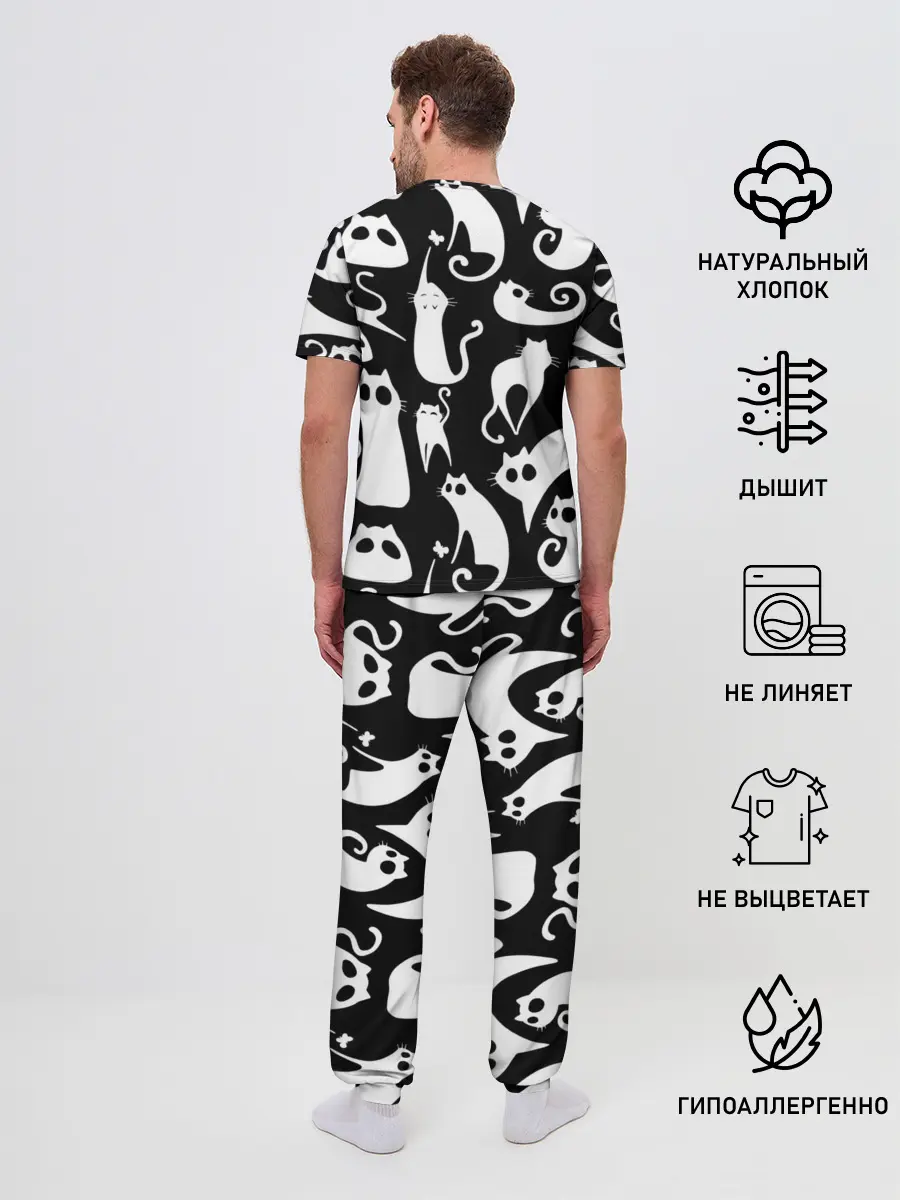 Мужская пижама с брюками / Белые коты на черном фоне