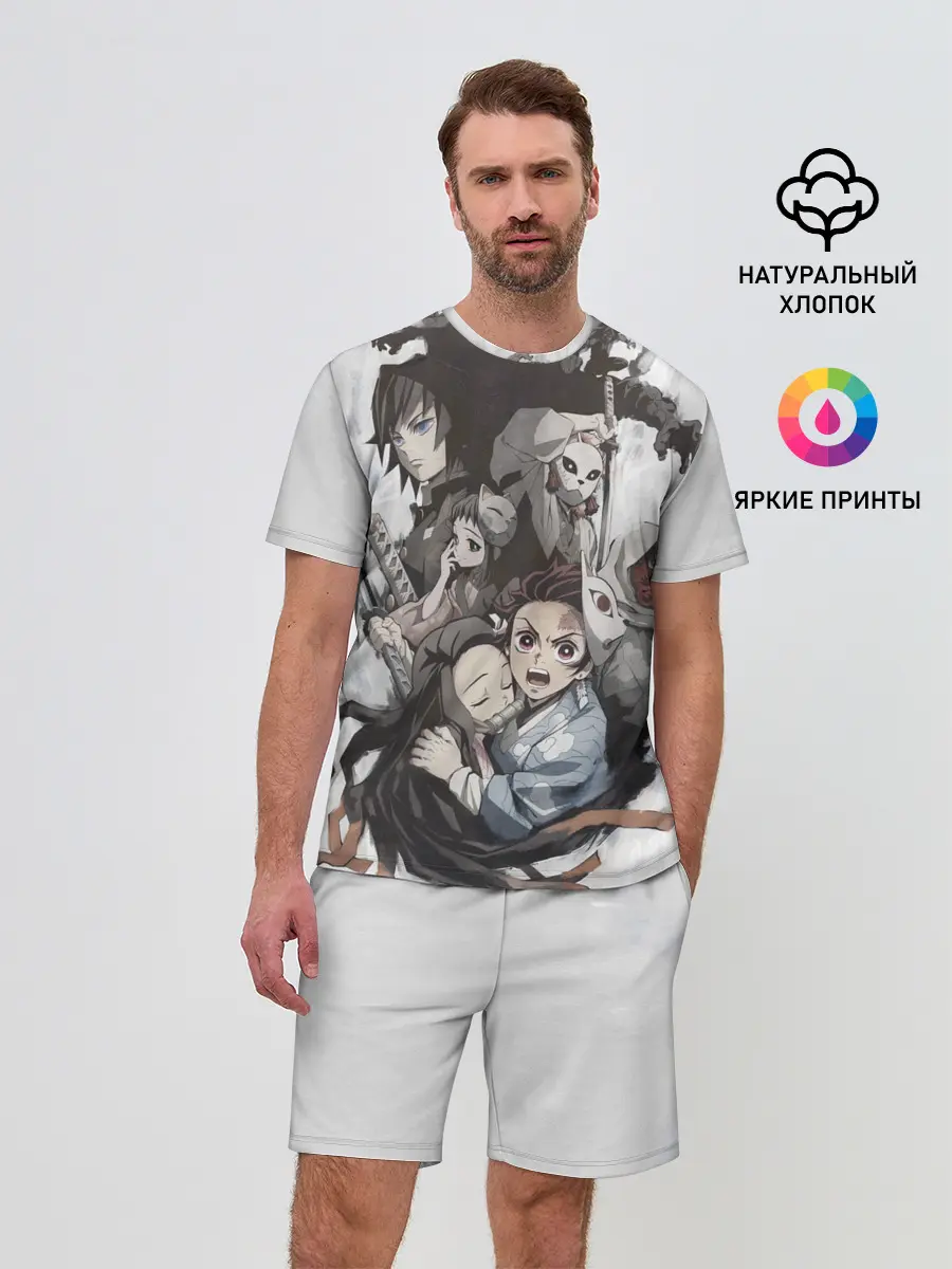 Мужской костюм с шортами / Kimetsu no Yaiba на сером