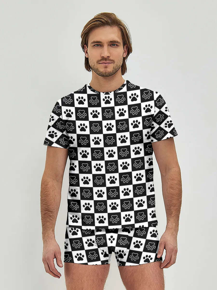 Мужские трусы с футболкой / Следы на Шахматном Фоне