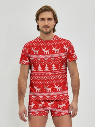 Мужские трусы с футболкой / Новогодний узор с оленями и елкой