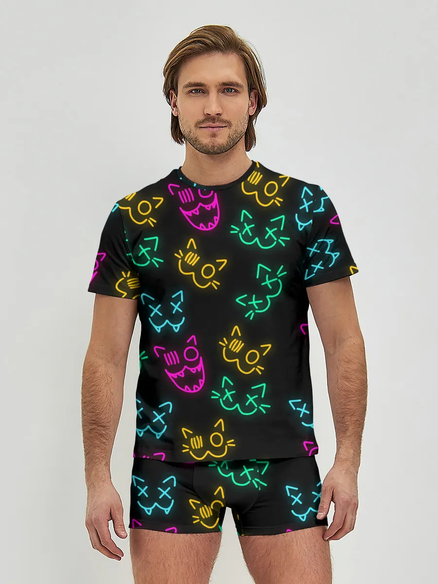 Мужские трусы с футболкой / НЕОНОВЫЕ КОТИКИ / NEON FACES CATS