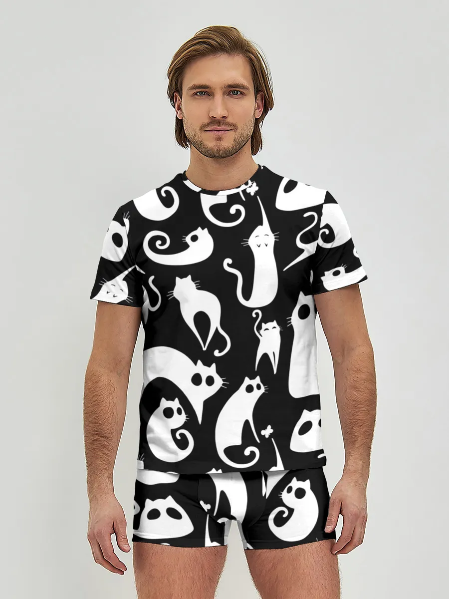 Мужские трусы с футболкой / Белые коты на черном фоне