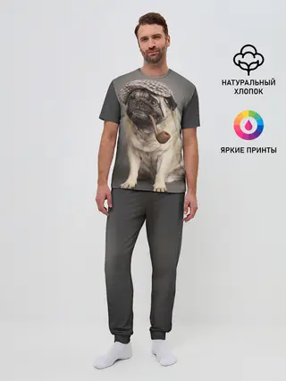 Мужская пижама с брюками / Мопс в кепке