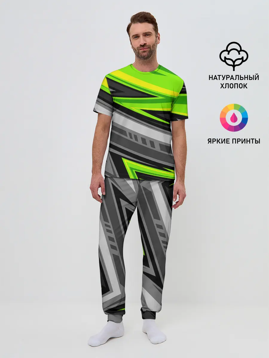 Мужская пижама с брюками / Зеленые линии