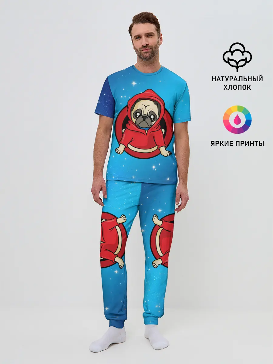 Мужская пижама с брюками / Мопс в толстовке