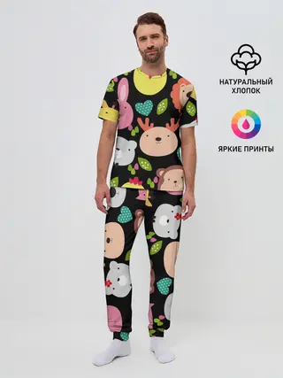 Мужская пижама с брюками / Головы милых животных