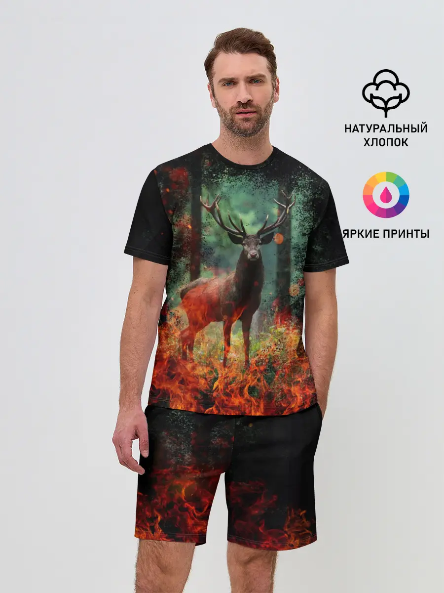 Мужской костюм с шортами / Олень в горящем лесу Сибири