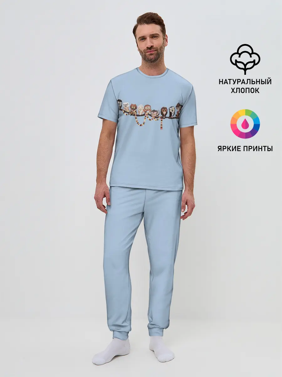 Мужская пижама с брюками / Совы на ветке