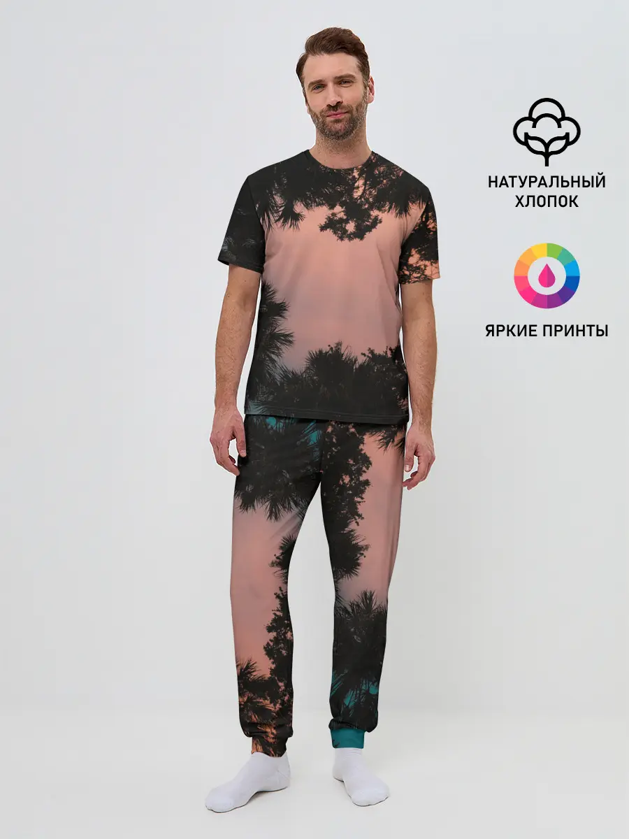 Мужская пижама с брюками / Пальмы вид снизу закат