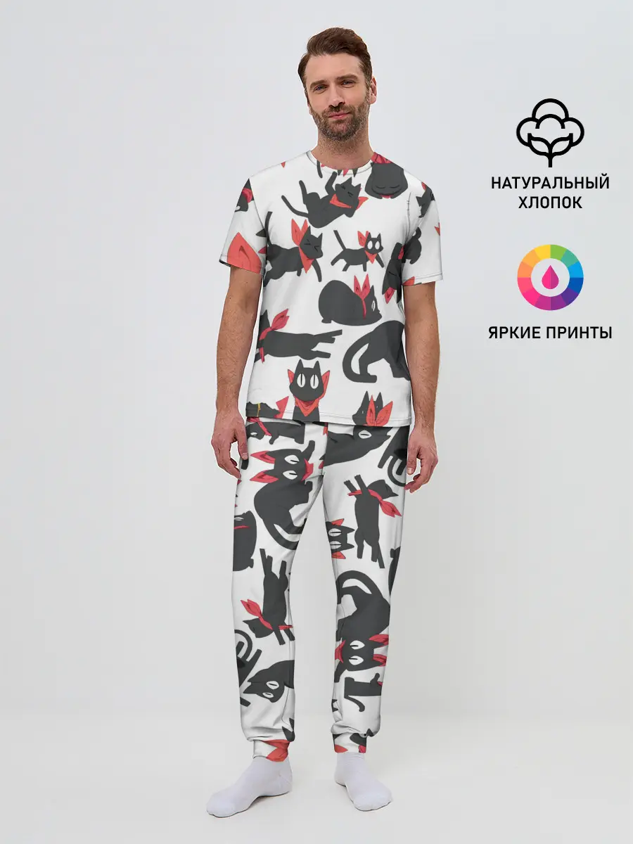 Мужская пижама с брюками / Черный котик