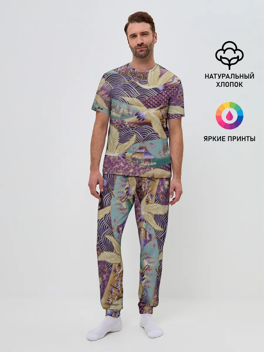 Мужская пижама с брюками / Японская вышивка с журавлями