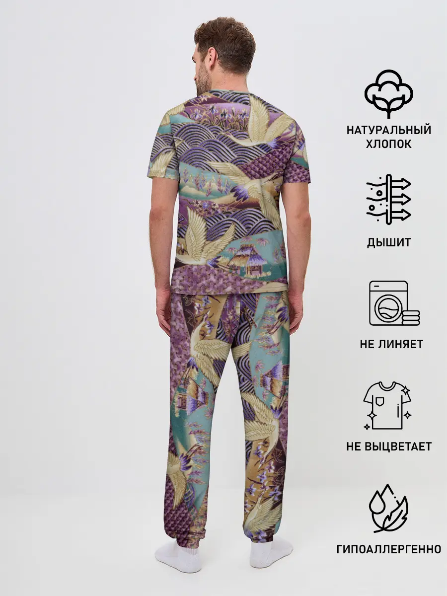 Мужская пижама с брюками / Японская вышивка с журавлями