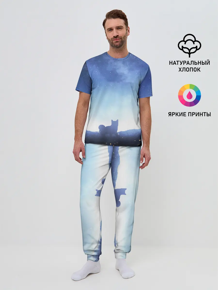 Мужская пижама с брюками / силуэт корги ночь космос дымка