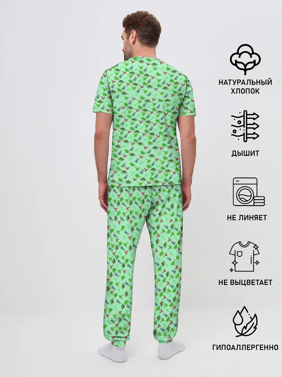 Мужская пижама с брюками / dinosaurs green