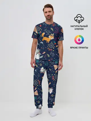 Мужская пижама с брюками / Звери природа индейцы этно