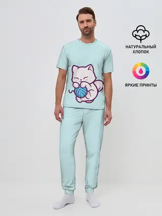 Мужская пижама с брюками / Белый котенок с клубком милый