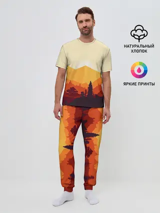Мужская пижама с брюками / Горы закат пейзаж лиса арт