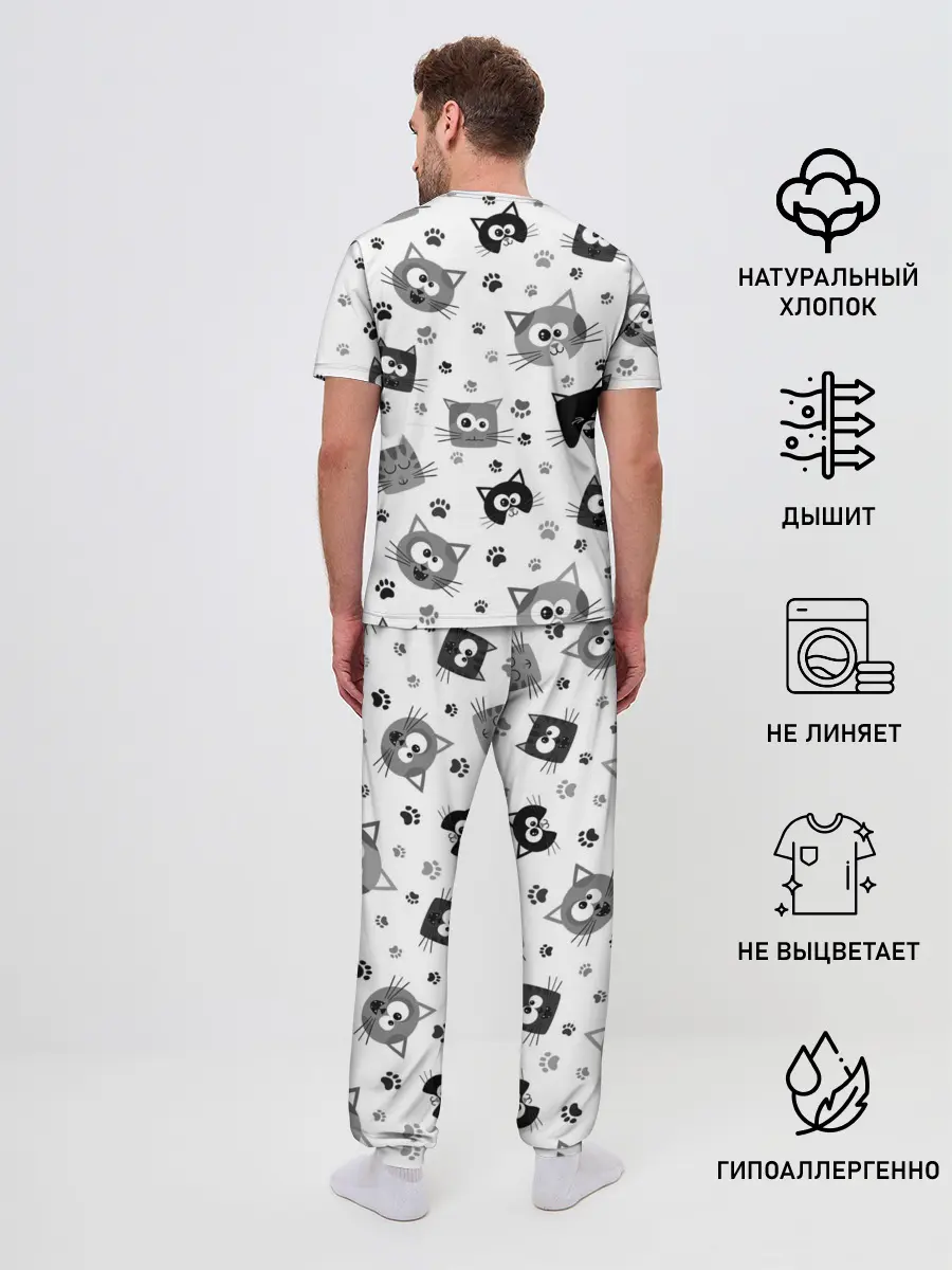 Мужская пижама с брюками / Котики | ЧБ