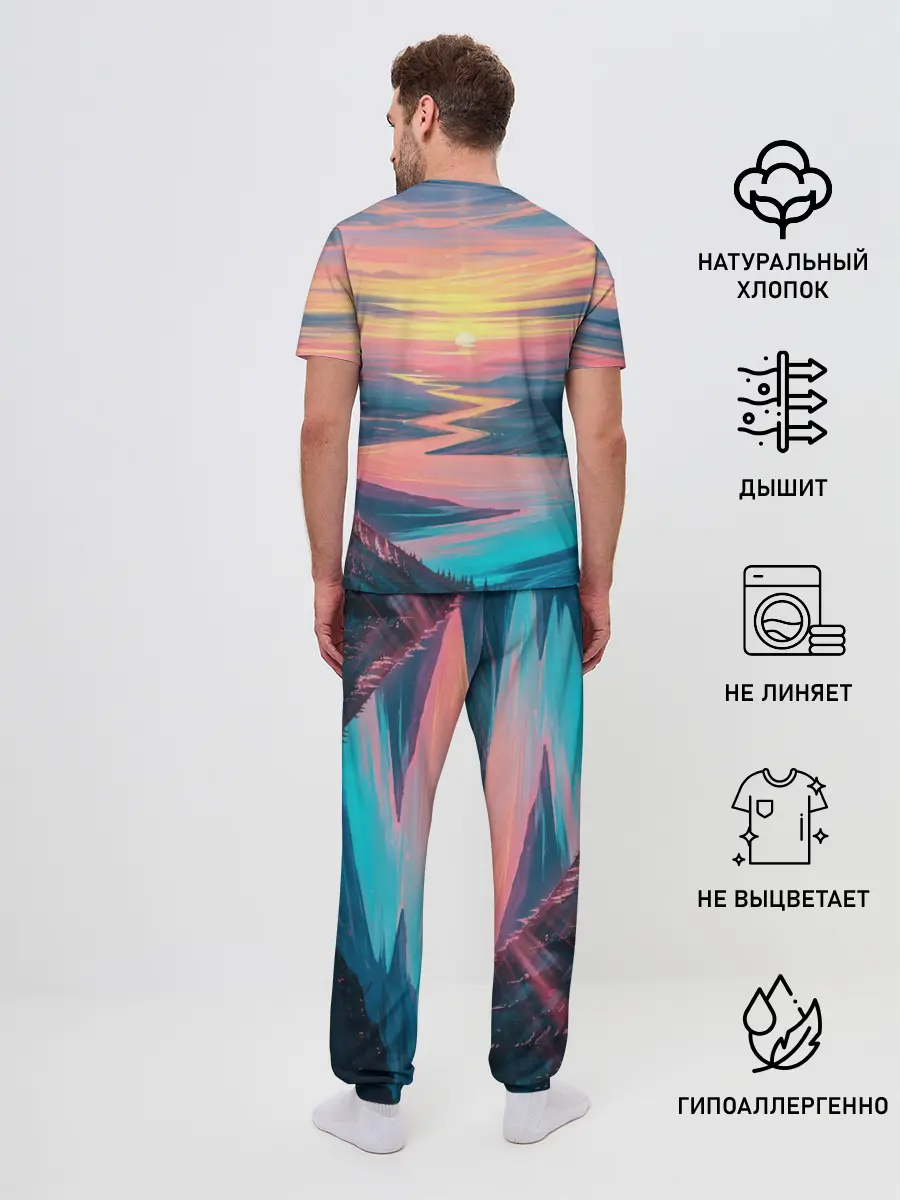 Мужская пижама с брюками / Извилистая река закат природа