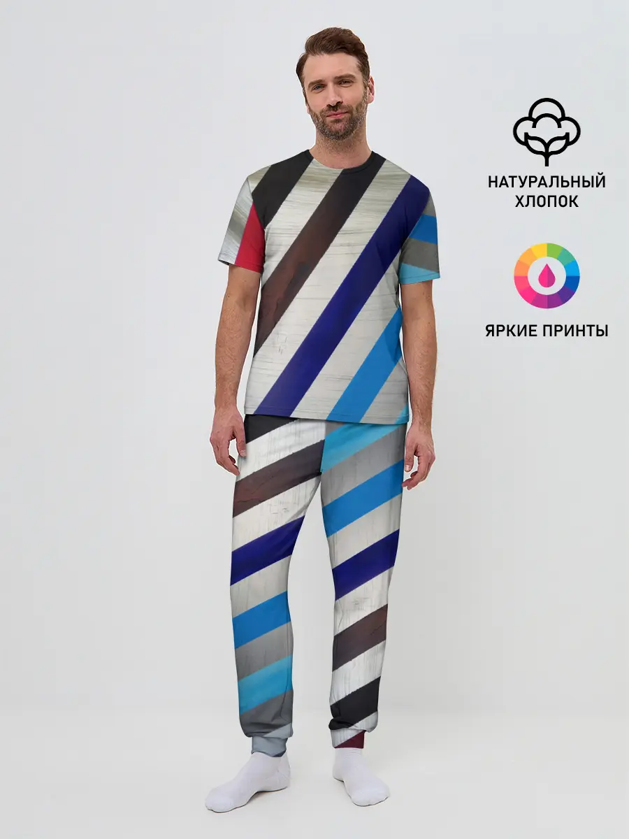 Мужская пижама с брюками / Косые линии полосы крупные