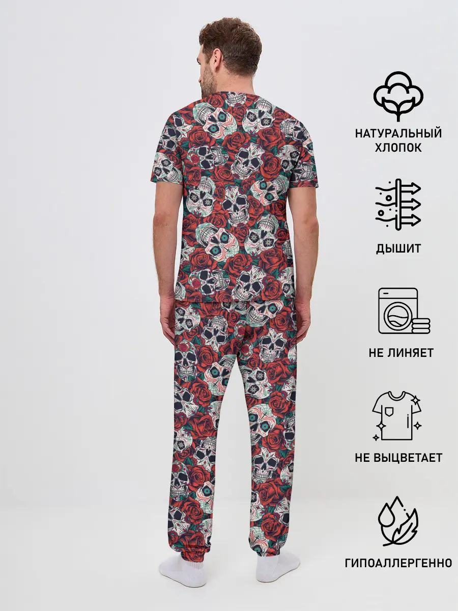 Мужская пижама с брюками / Тату черепа и розы