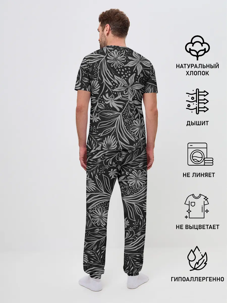 Мужская пижама с брюками / Флора | Черно Белая