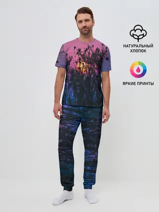 Мужская пижама с брюками / Трава растения закатный свет