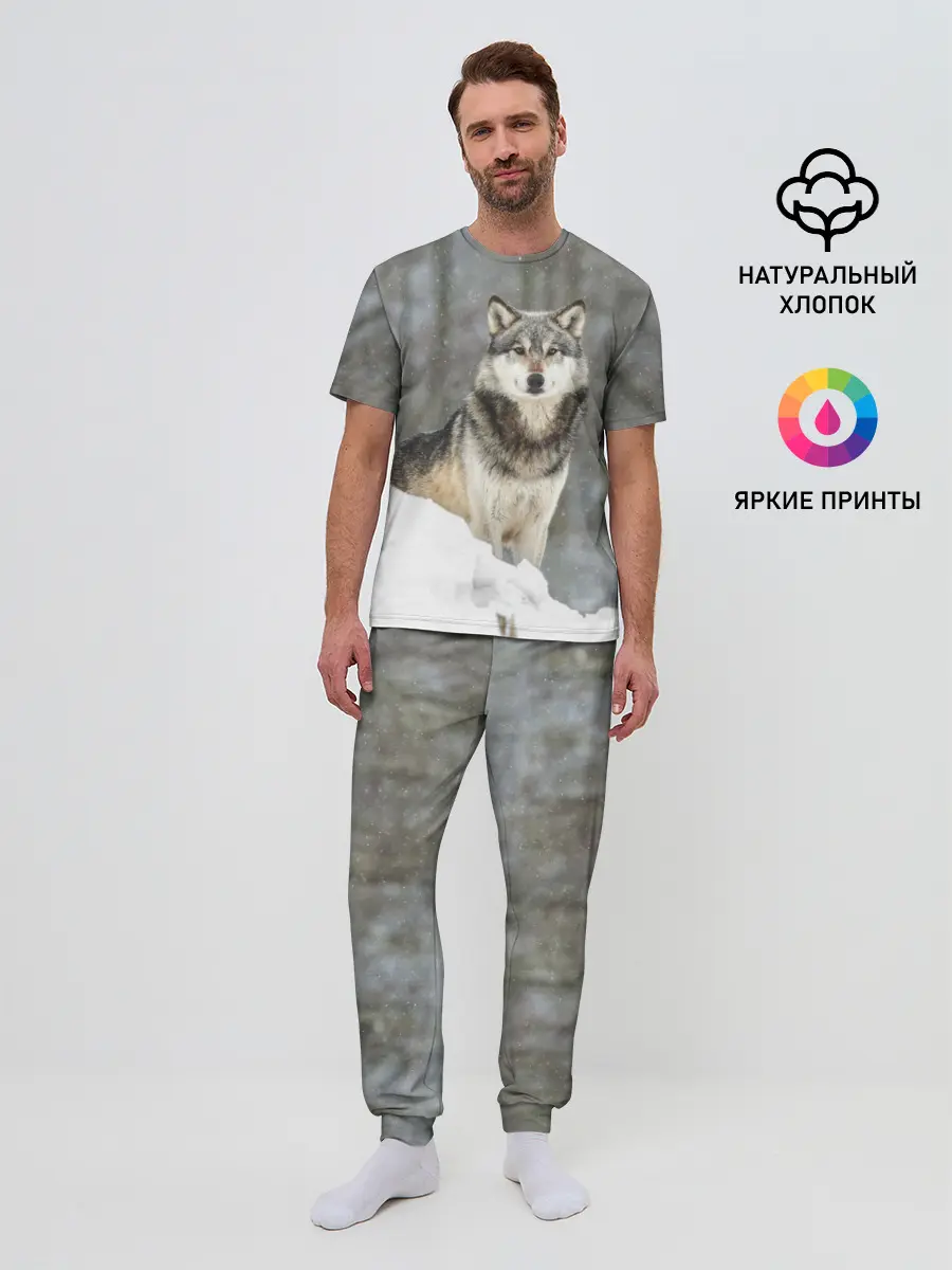 Мужская пижама с брюками / Волк и снег