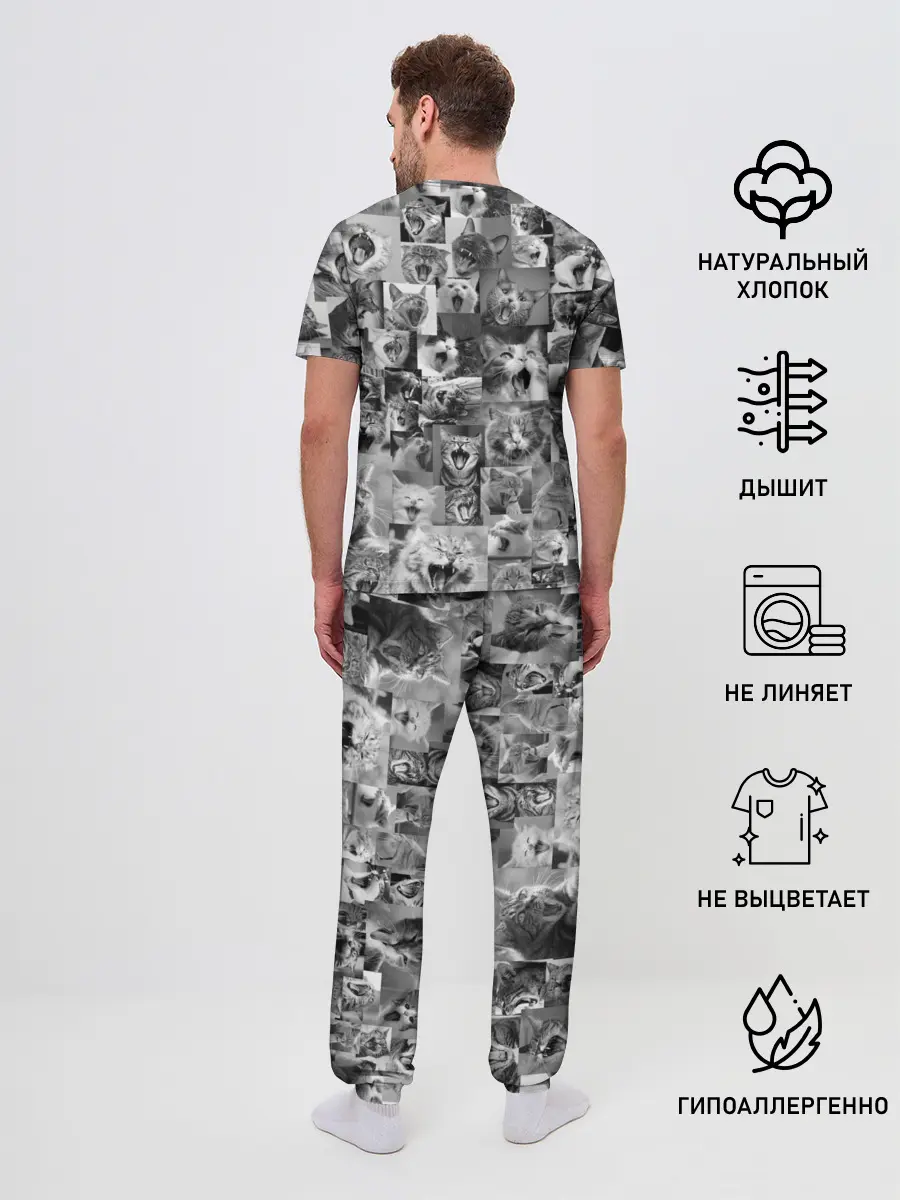 Мужская пижама с брюками / Неко ахегао чб