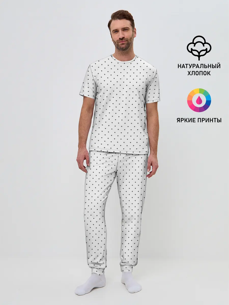 Мужская пижама с брюками / Сердечки черные на белом
