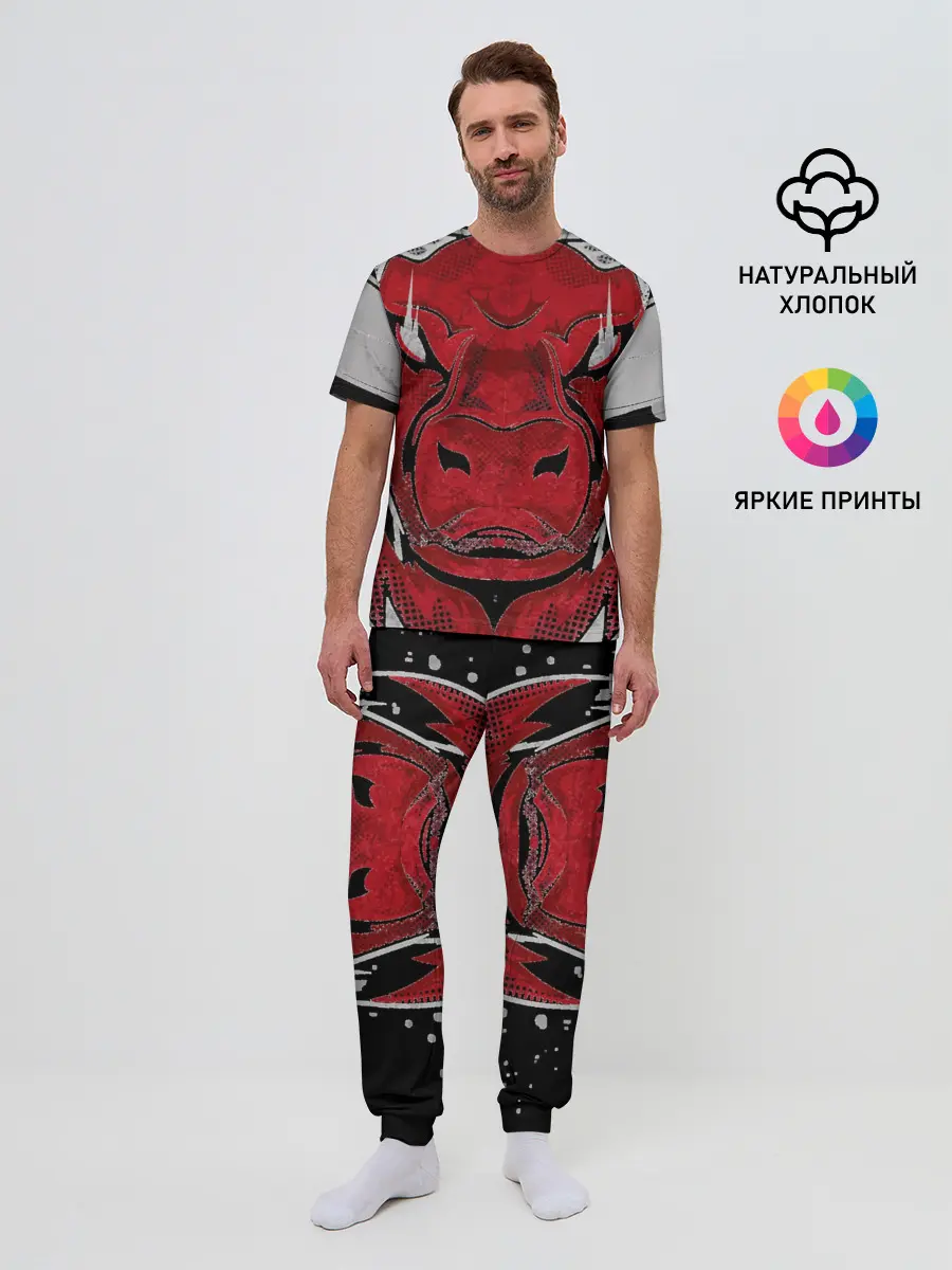 Мужская пижама с брюками / Красный бык