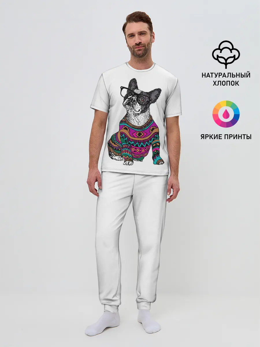 Мужская пижама с брюками / Мопс Хипстер