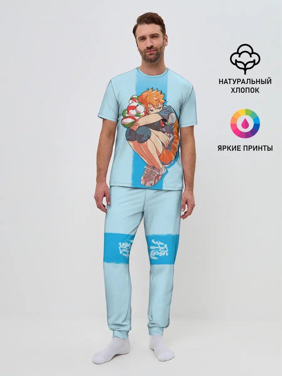 Мужская пижама с брюками / Хината на синем фоне