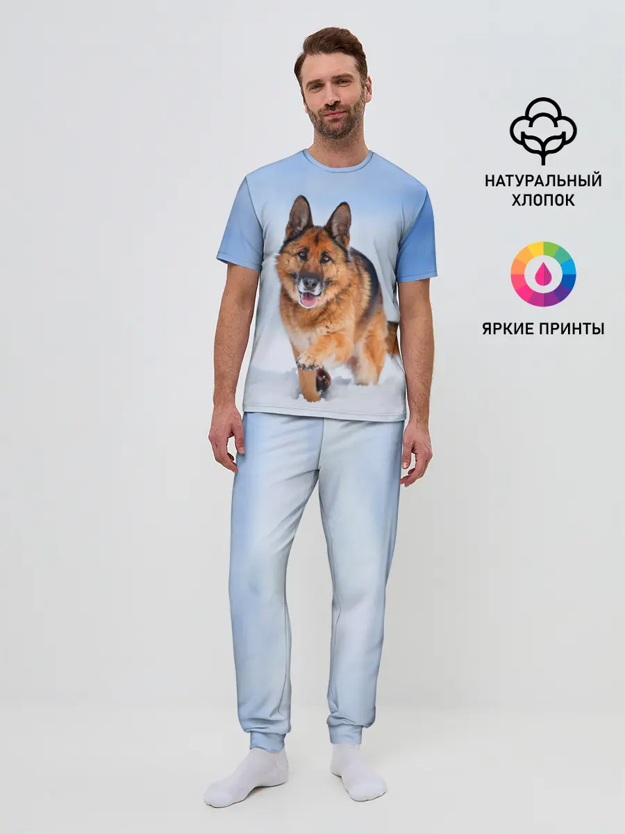 Мужская пижама с брюками / Овчарка и снег