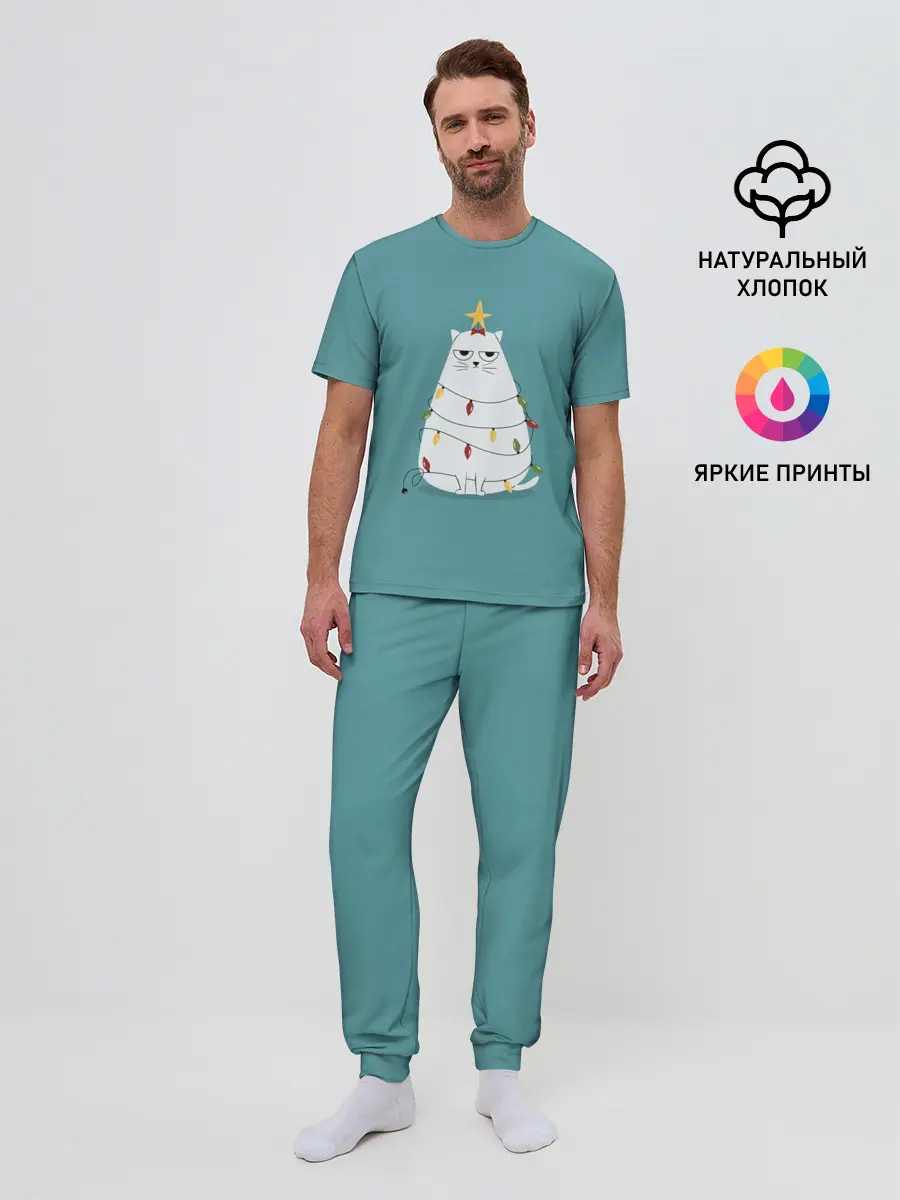Мужская пижама с брюками / Кото-ёлка