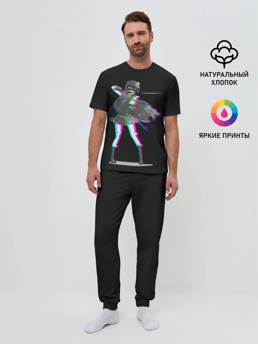 Мужская пижама с брюками / Акаме Глитч на черном