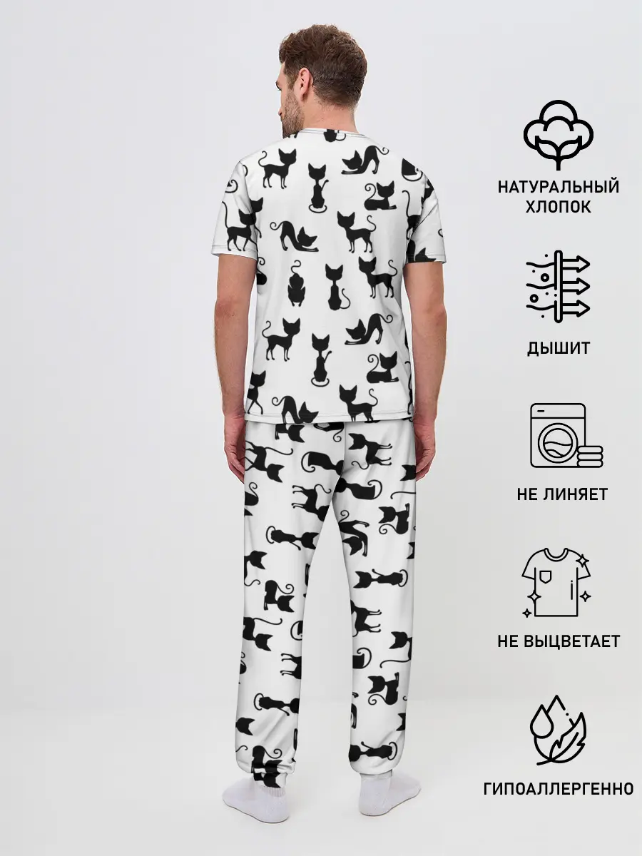 Мужская пижама с брюками / КОШКИ БЕЛОЕ НА ЧЕРНОМ