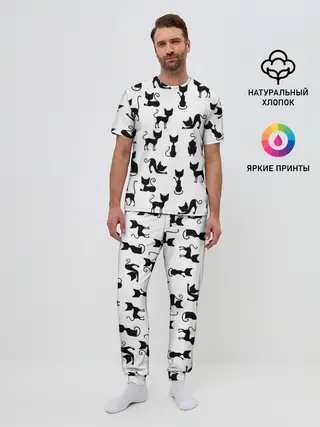 Мужская пижама с брюками / КОШКИ БЕЛОЕ НА ЧЕРНОМ