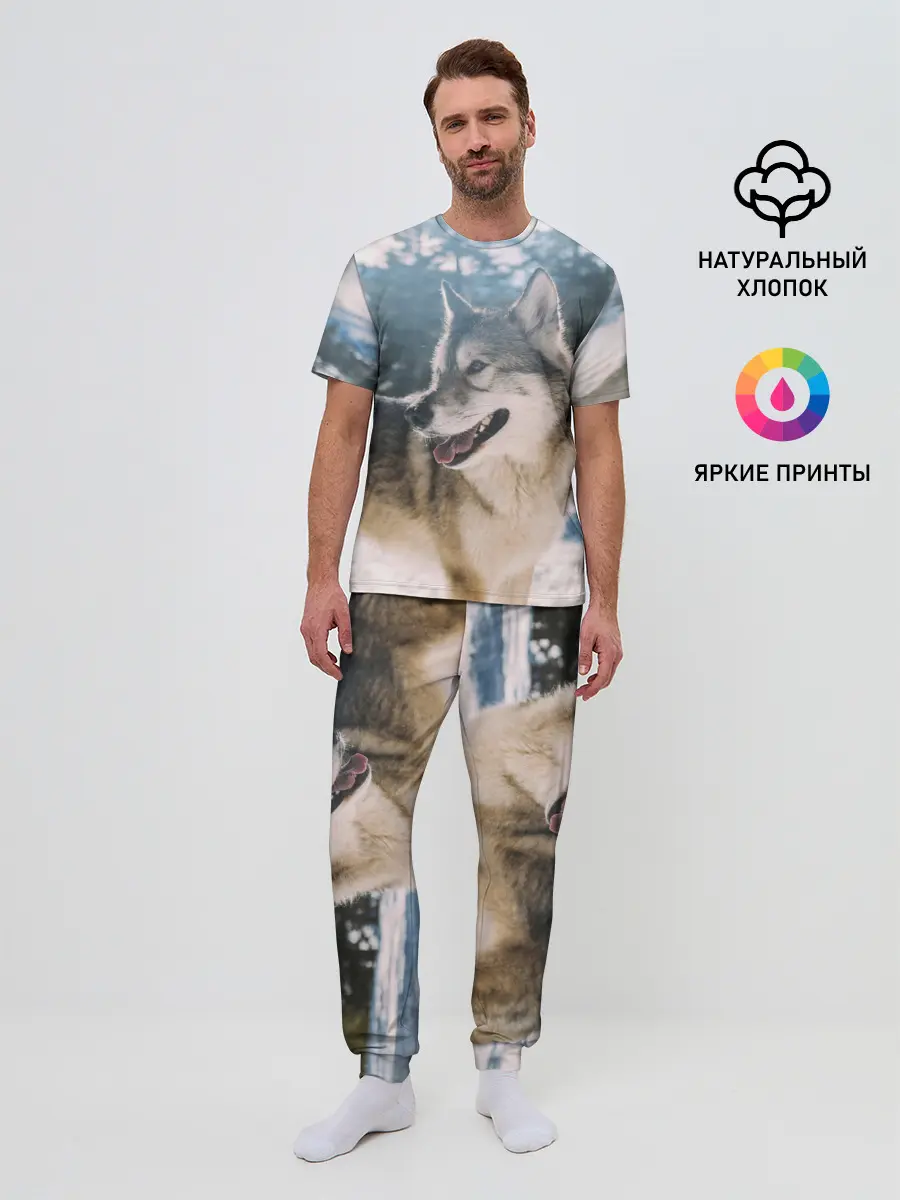 Мужская пижама с брюками / Волк и снег