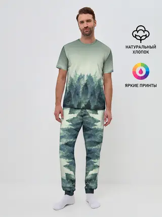 Мужская пижама с брюками / акварельный лес градиент