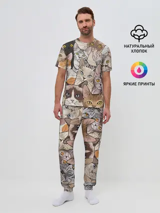 Мужская пижама с брюками / Котики
