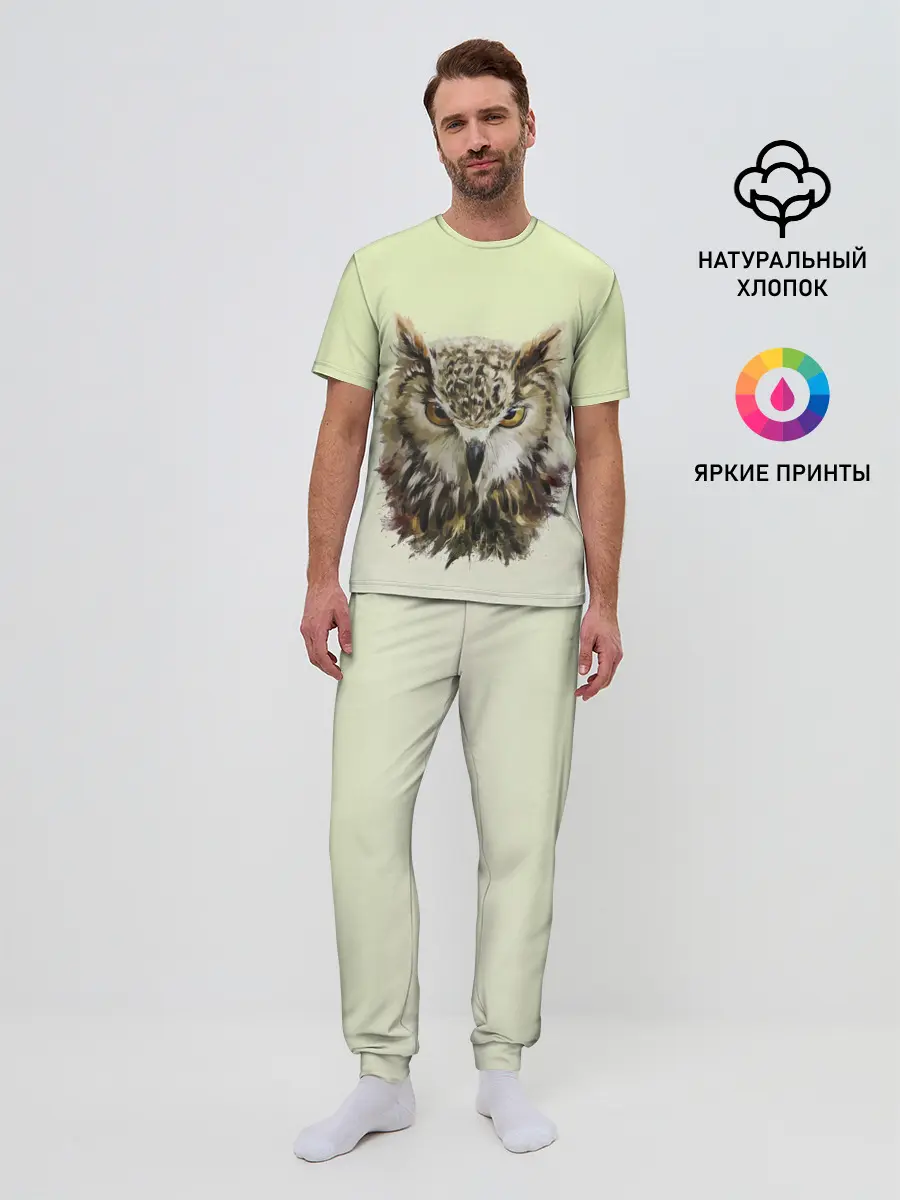 Мужская пижама с брюками / арт сова яркая