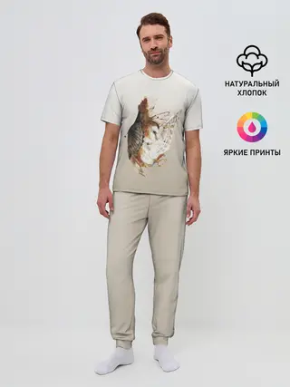Мужская пижама с брюками / летящая сова рисунок