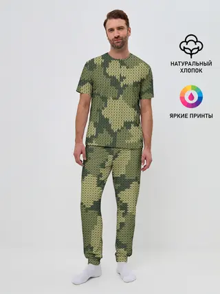 Мужская пижама с брюками / вязаный принт милитари