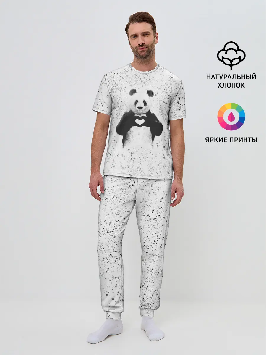 Мужская пижама с брюками / Панда Любовь Сердце Брызги