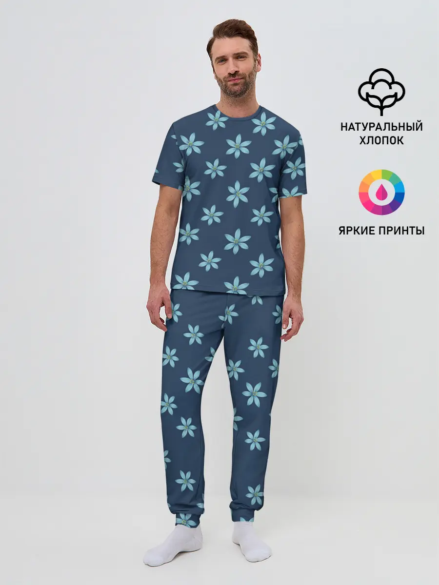 Мужская пижама с брюками / Цветы | Голубые