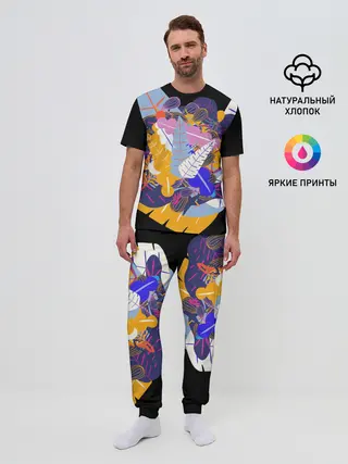 Мужская пижама с брюками / узор из листьев и цветов