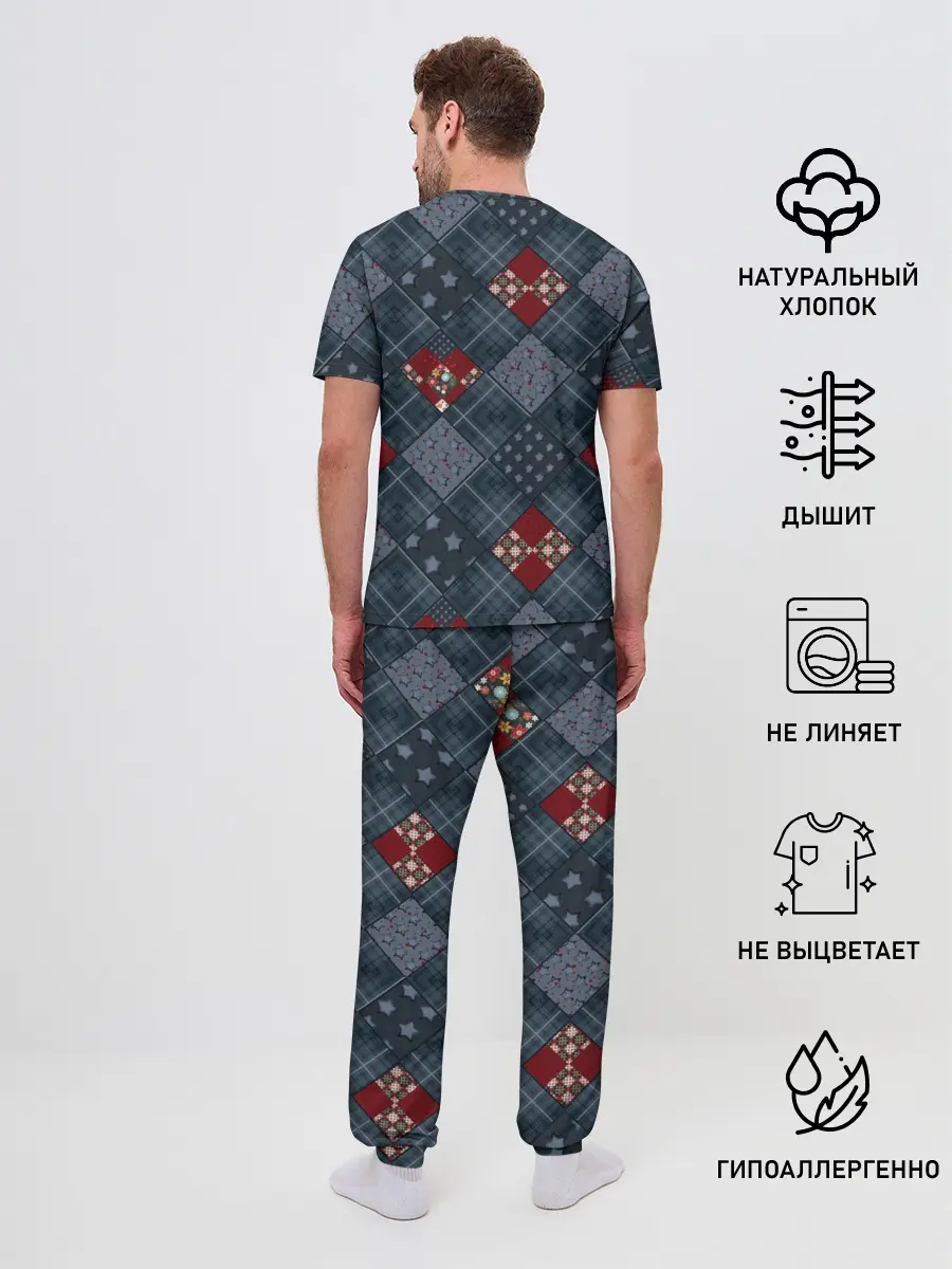 Мужская пижама с брюками / Синий джинсовый плед