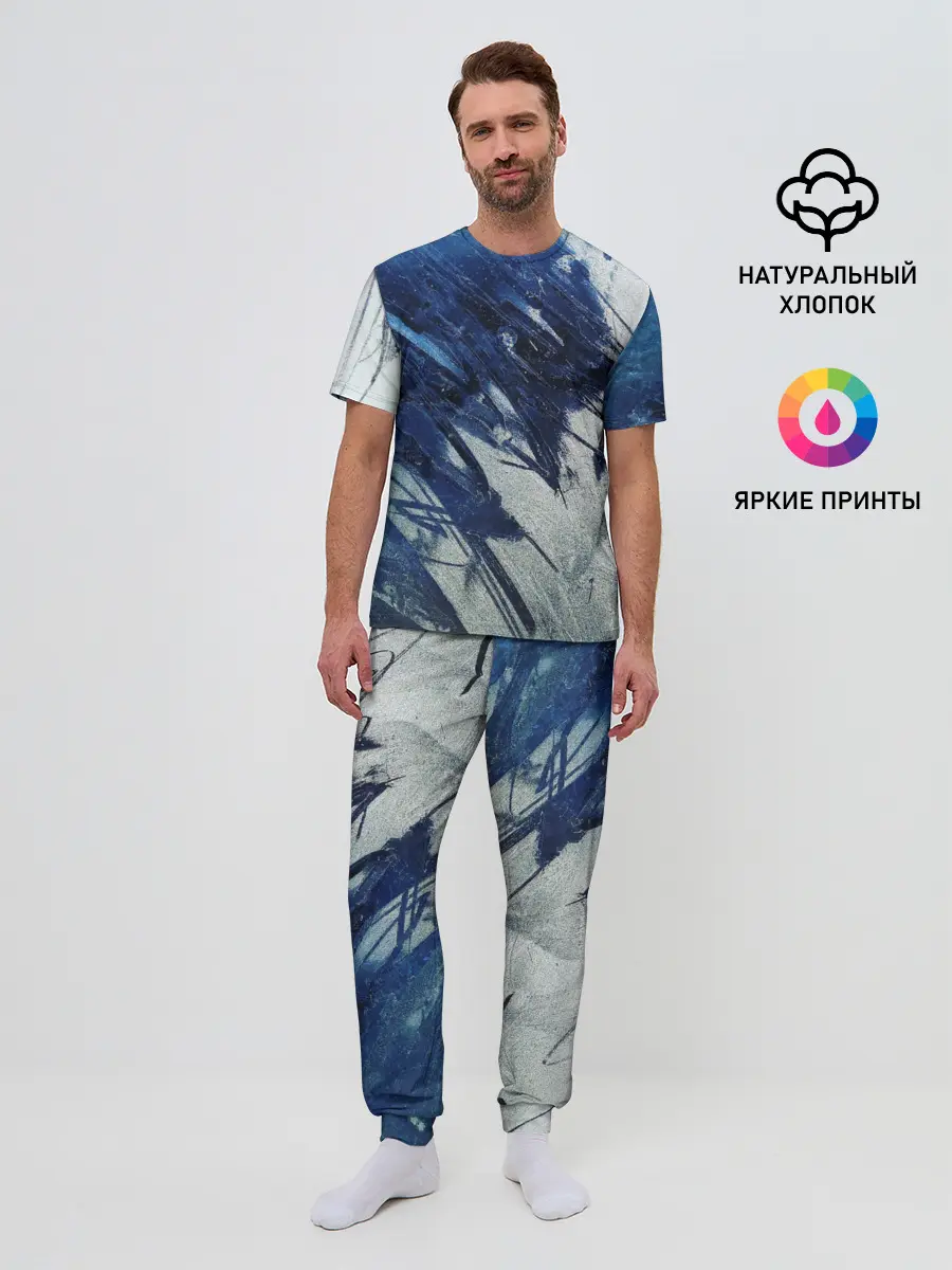 Мужская пижама с брюками / Серо-синее абстрактное